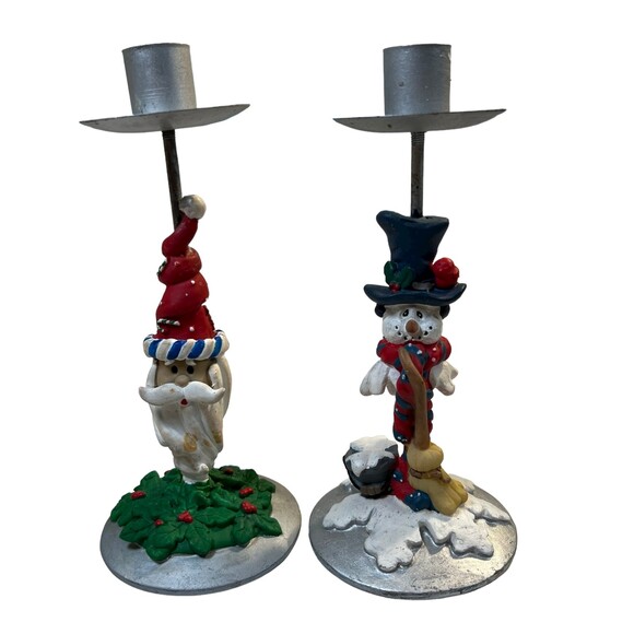 Signature Designs Winter Christmas Snowman Santa Candle Sticks (Set of 2) - Picture 1 of 5